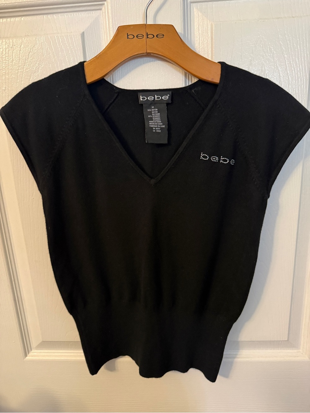 bebe Black V-Neck Cap Sleeve Knit Top with Logo Detail